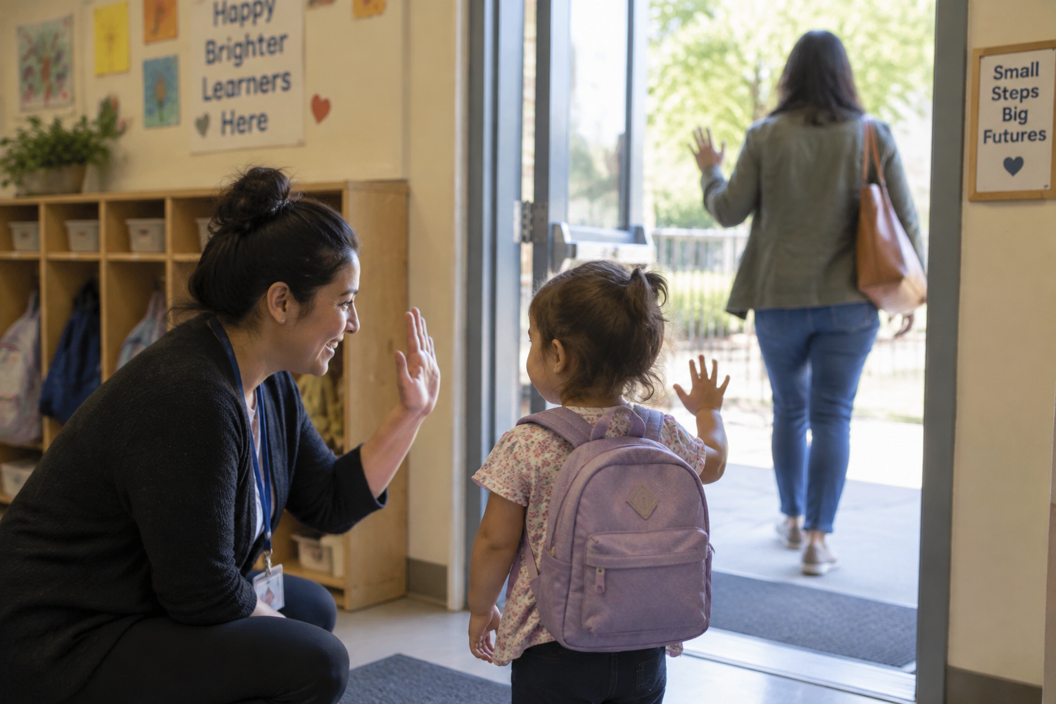 How to help a child with separation anxiety 1 A parent walking away from a daycare door after a quick goodbye
