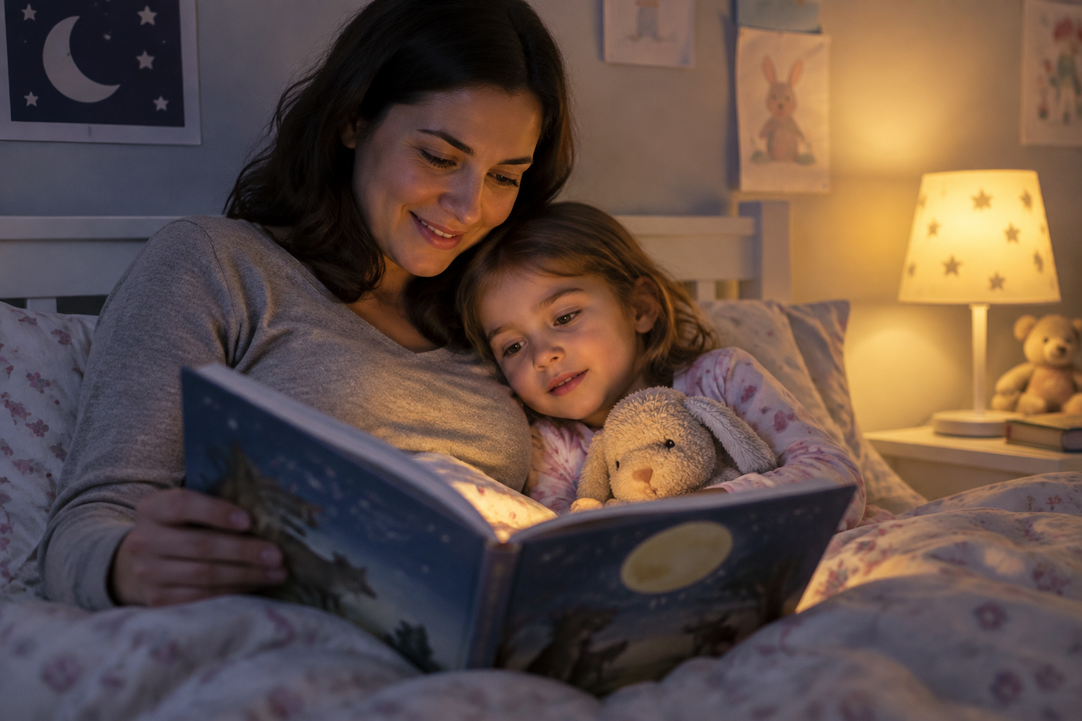 How to incorporate storytelling into bedtime rituals 1 Parent reading a bedtime story to child in a softly lit bedroom