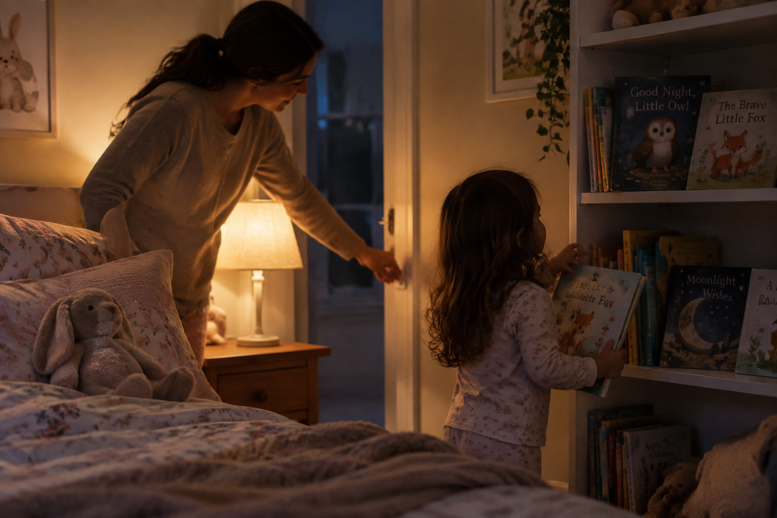 How to incorporate storytelling into bedtime rituals 5 Parent dimming lights and selecting a bedtime storybook