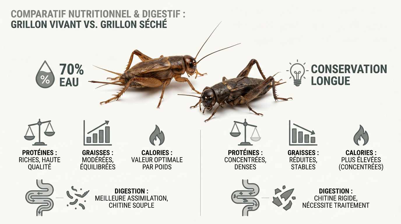 Comparaison nutritionnelle entre grillons vivants et grillons séchés pour reptiles