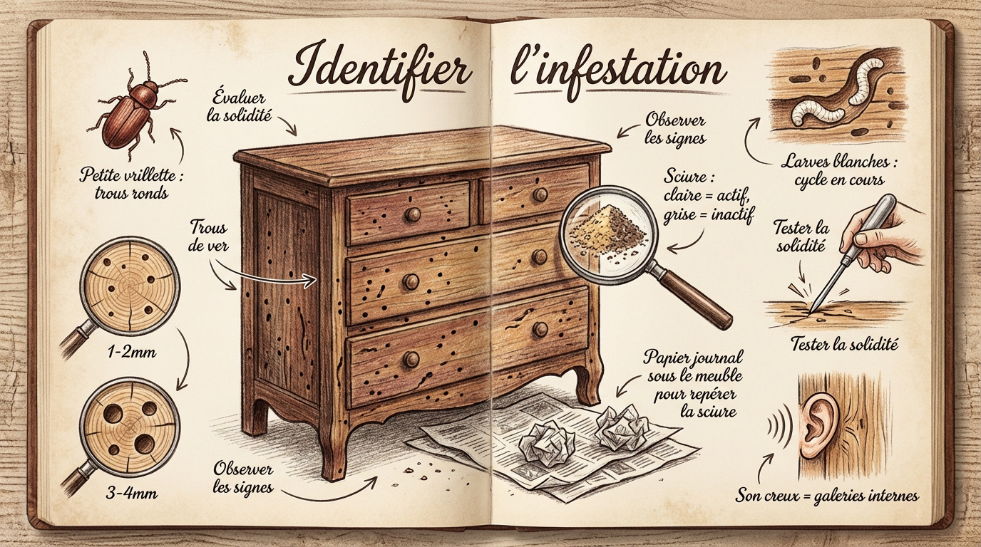 Examen de la sciure et des trous de vers sur un meuble en bois ancien