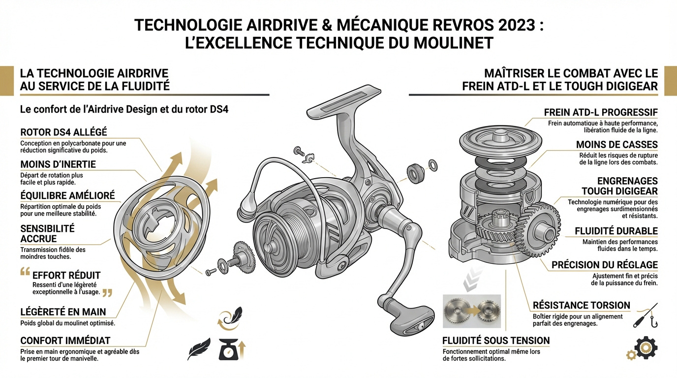 Mécanisme interne du moulinet Daiwa Revros LT 2023 mettant en avant la technologie Airdrive