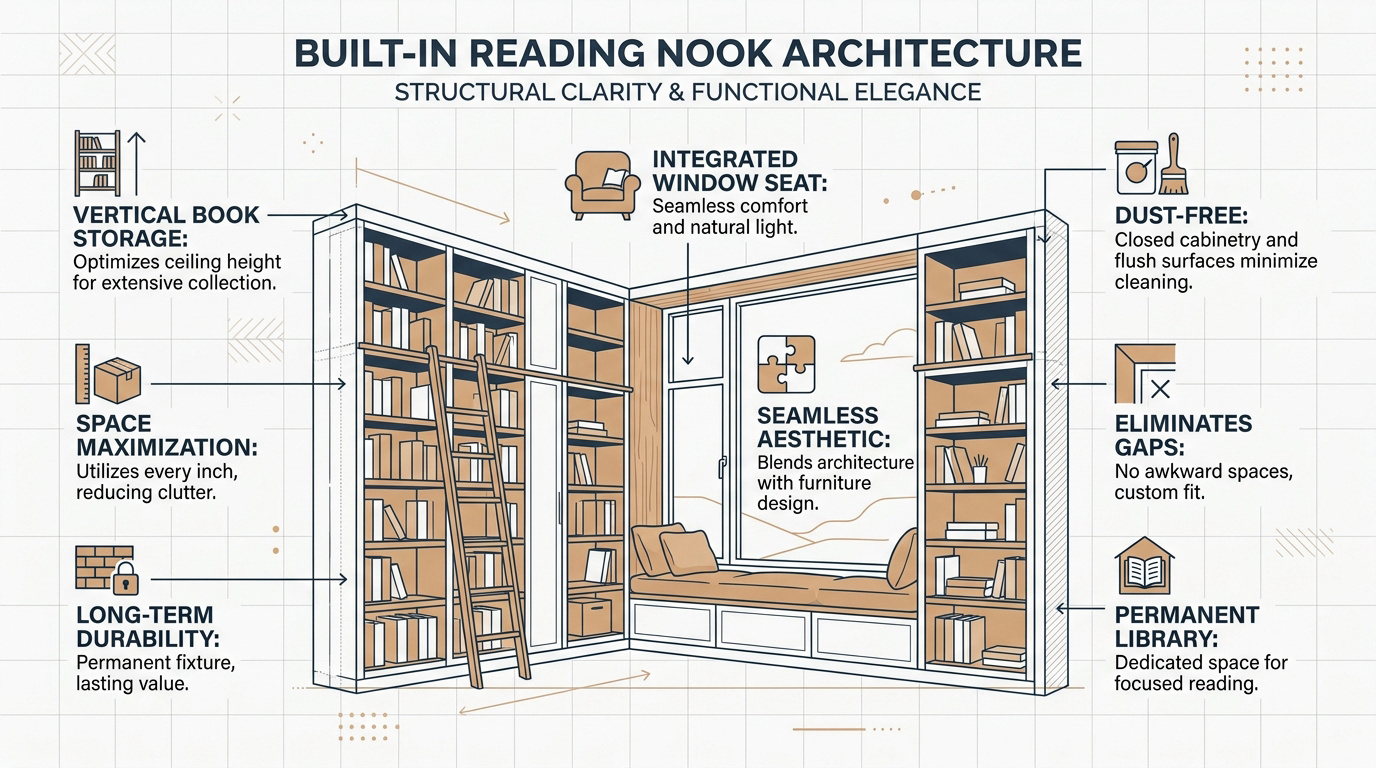 Infographic showing the architectural benefits and structural stability of a built-in reading nook with library shelving.