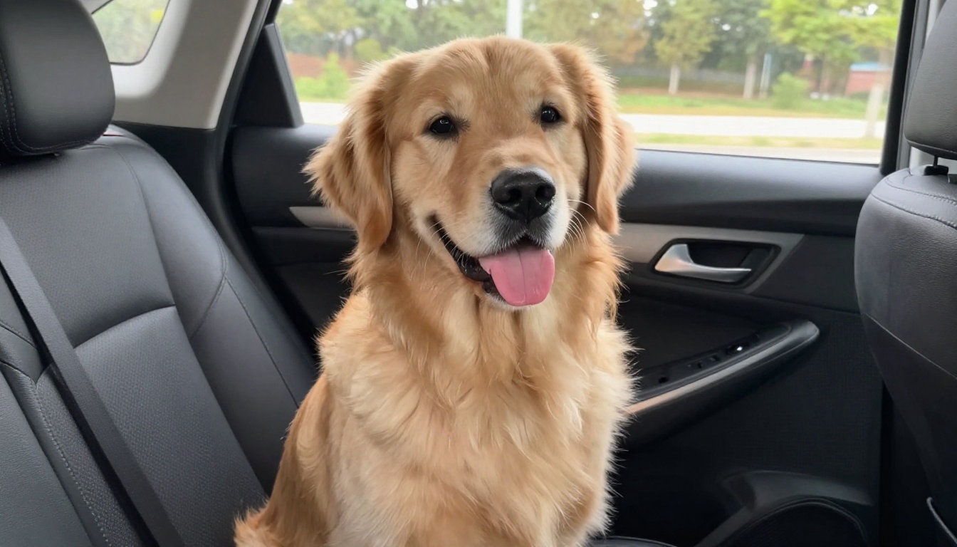 Chien golden retriever souriant en voiture