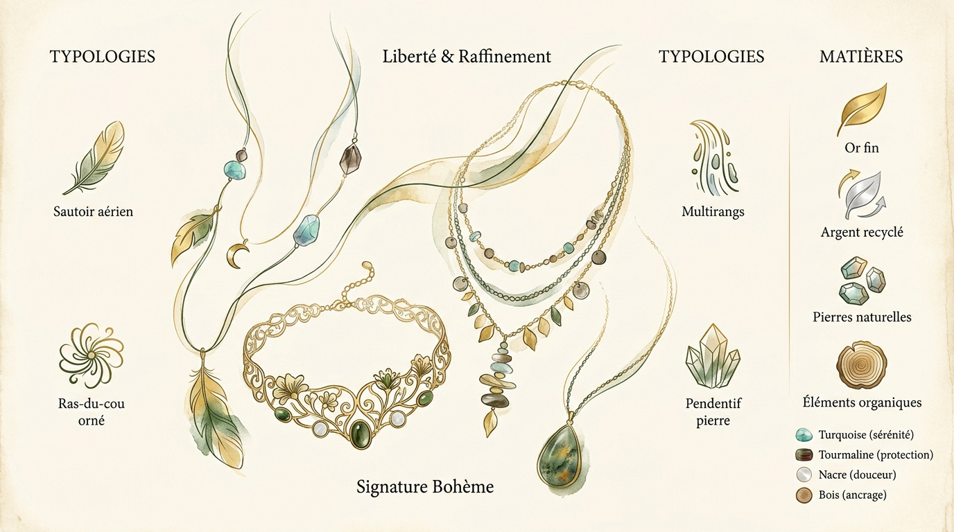 Collier bohème femme en or fin et pierres naturelles