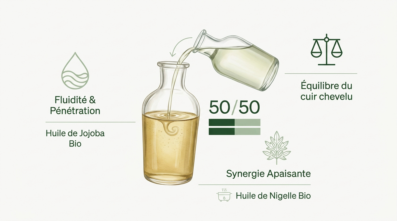 Infographie : diluer l'huile de ricin avec du jojoba ou de la nigelle