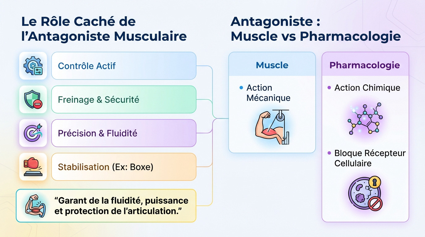 Schéma comparatif illustrant la différence entre l'action mécanique d'un muscle antagoniste et l'interaction chimique d'un antagoniste pharmacologique