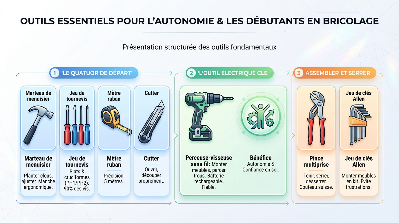 Assortiment d'outils essentiels pour une boîte à outils débutant : marteau, tournevis et mètre ruban posés sur un établi