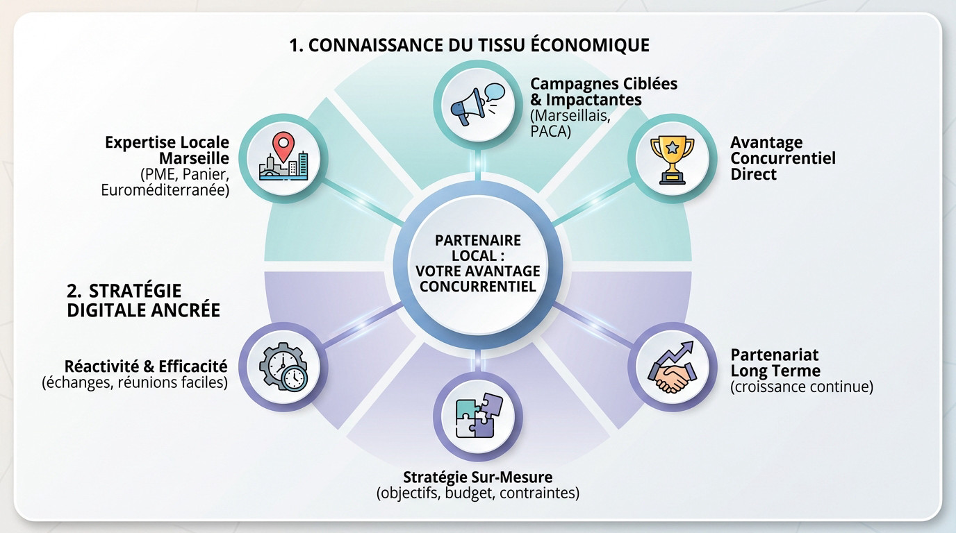 Infographie illustrant les bénéfices stratégiques d'un partenaire local à Marseille
