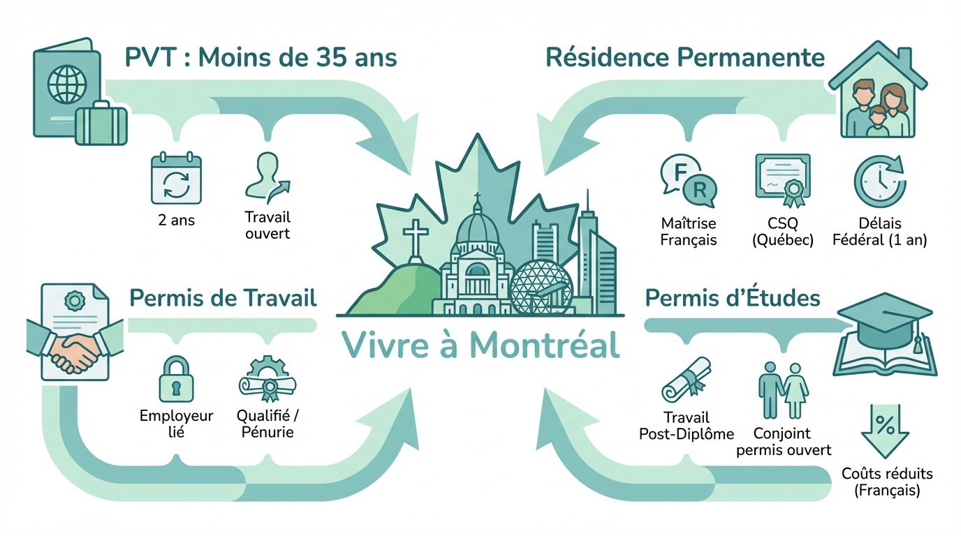 Infographie récapitulative pour s'installer et vivre à Montréal sereinement