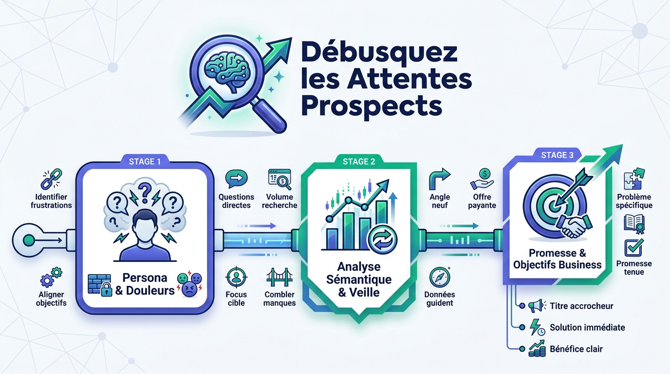 Infographie détaillant les trois étapes pour analyser les besoins des prospects et créer un lead magnet