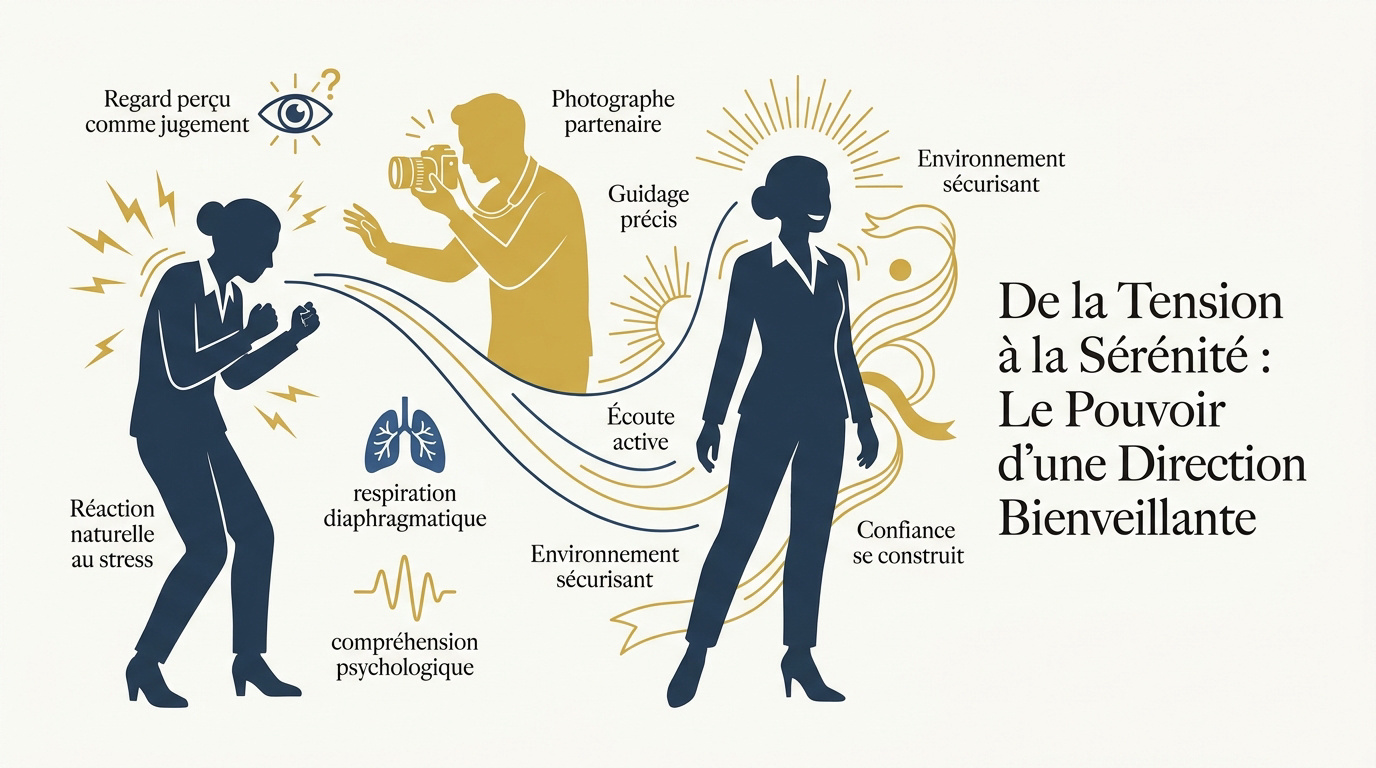 Photographe professionnel guidant un client pour un portrait serein et naturel