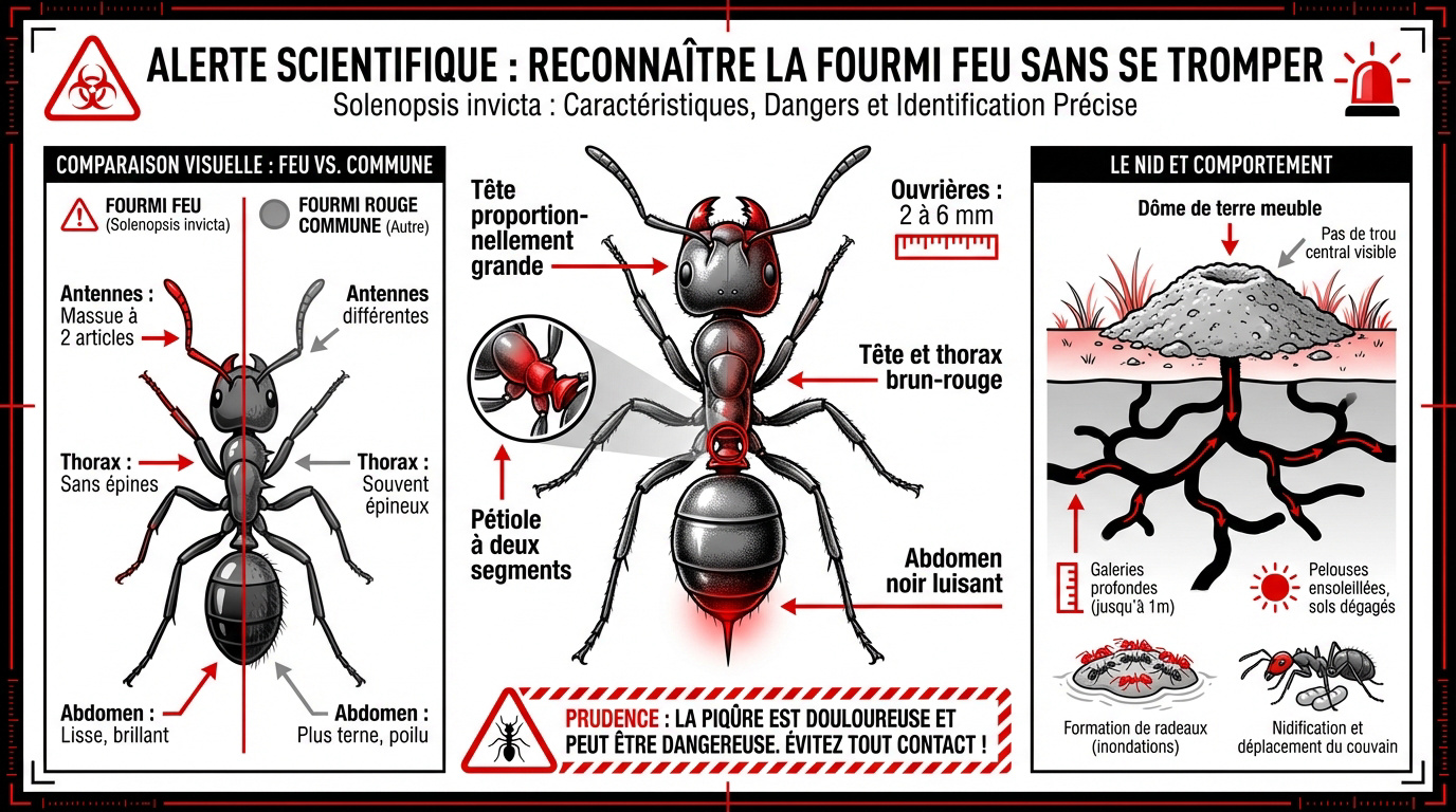 Gros plan sur une ouvrière de fourmi de feu montrant sa coloration brun-rouge et son abdomen noir