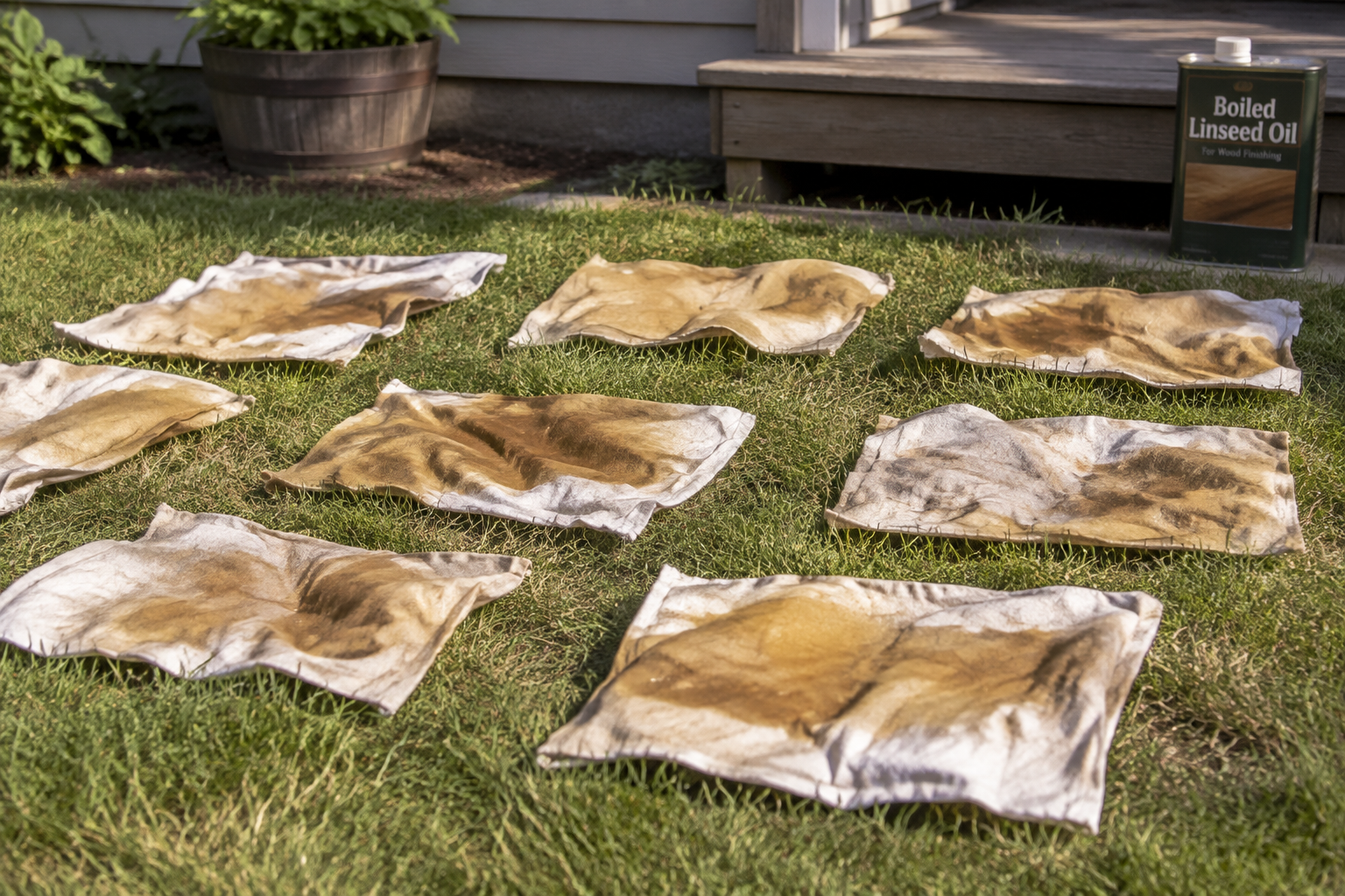 Chiffons imbibés d'huile de lin étalés à plat pour sécher.