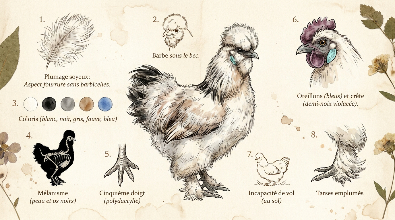 Illustration naturaliste d'une poule Soie blanche