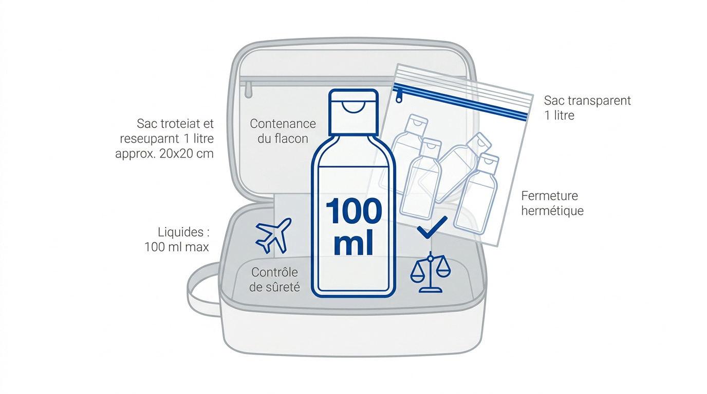 Infographie sur les règles des liquides 100ml en cabine