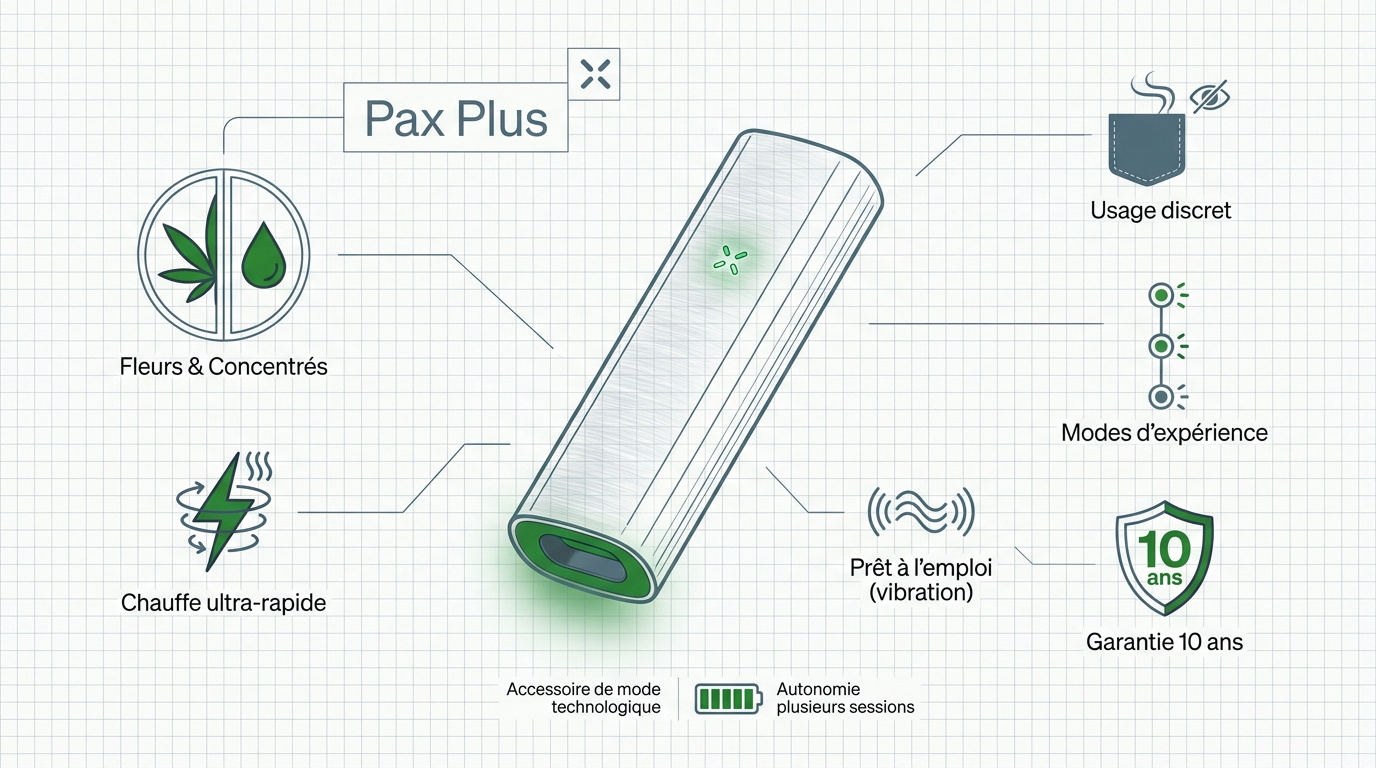 Infographie présentant les caractéristiques techniques et le design du vaporisateur Pax Plus