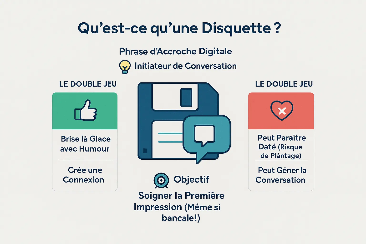 Illustration d'une <strong>disquette informatique détournée en outil de drague</strong> avec des phrases comme 'Tu t’appelles Google ? Parce que tu as tout ce que je cherche.'