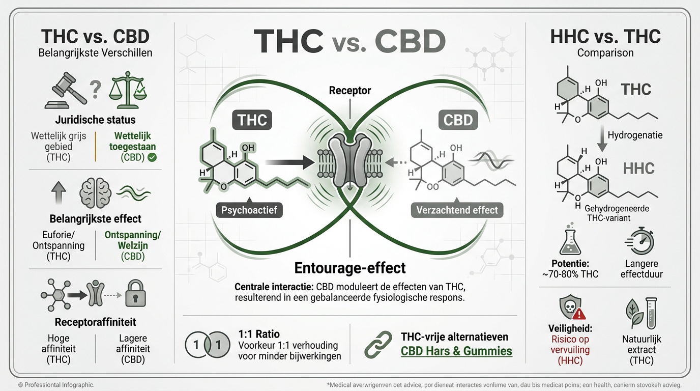 Vergelijking tussen THC, CBD en HHC moleculen en effecten