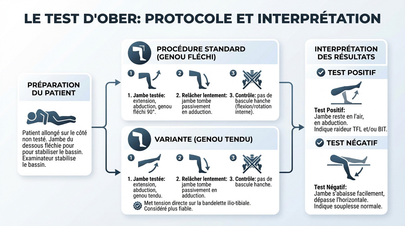 Démonstration de la position du patient et du thérapeute lors de la réalisation du test d'Ober pour évaluer la bandelette ilio-tibiale