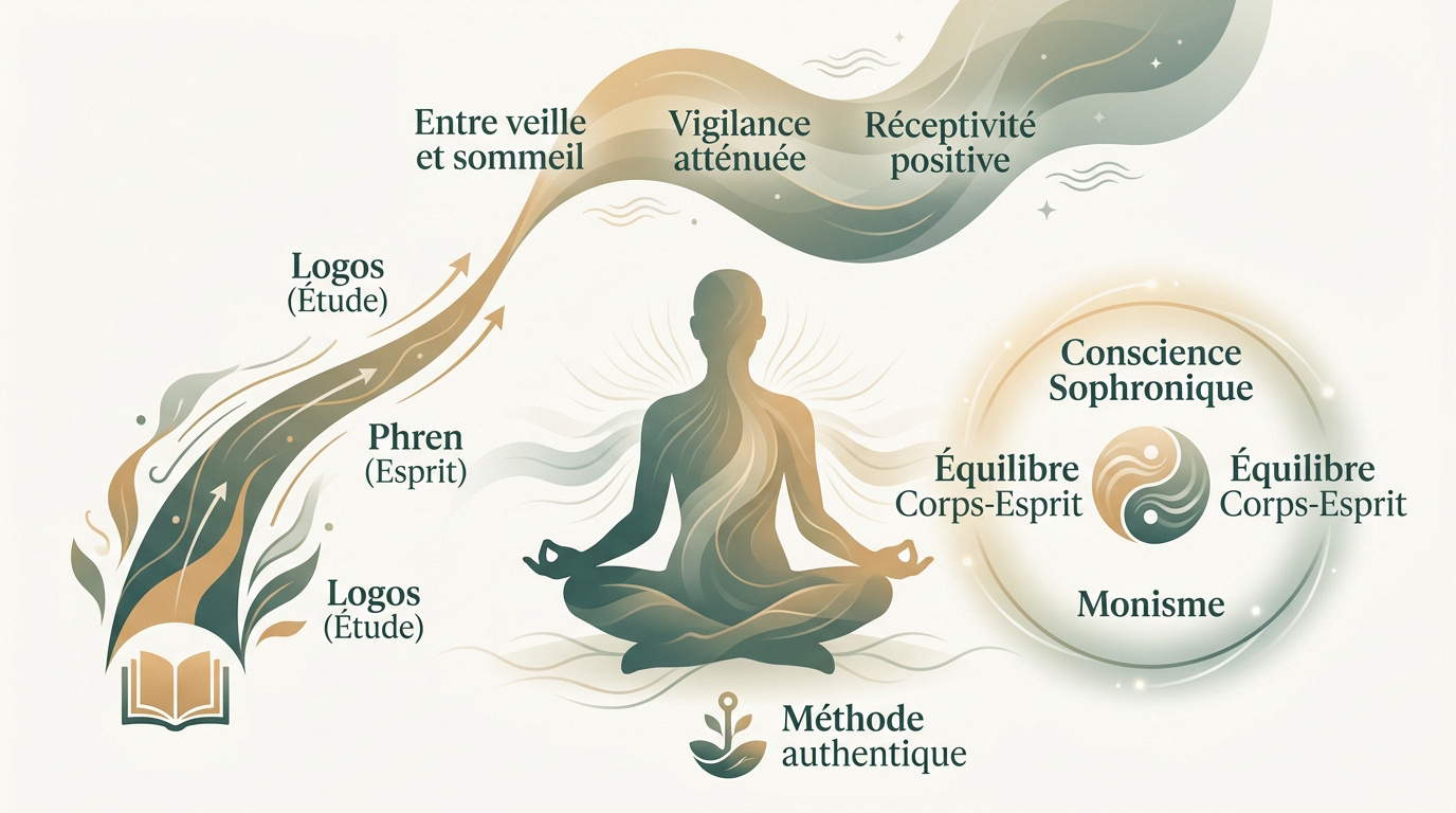 Infographie expliquant le niveau sophro-liminal entre veille et sommeil en sophrologie