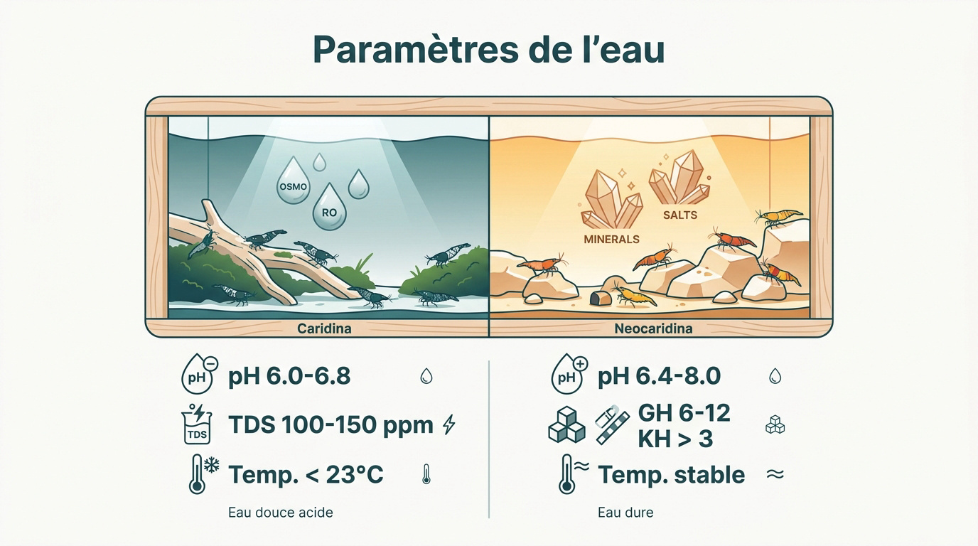 Comparaison des paramètres GH KH pH entre crevettes Caridina et Neocaridina