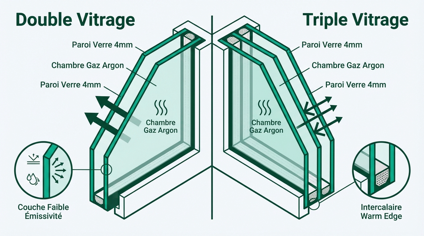 Comparaison technique entre le double et le triple vitrage avec gaz argon