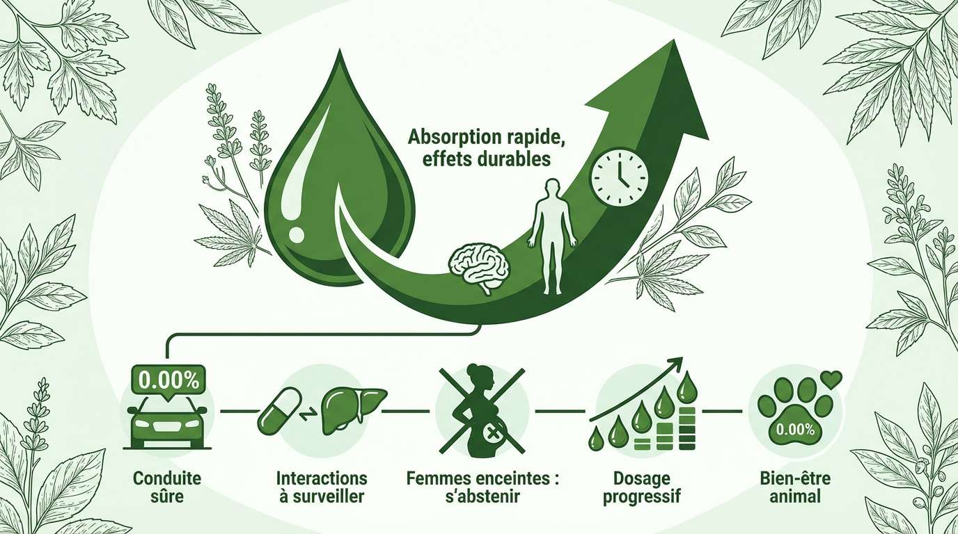 Infographie sur la biodisponibilité du CBD et les précautions d'usage selon le mode d'administration