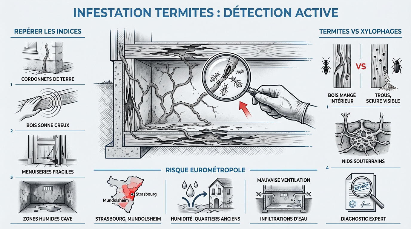 Détection de cordonnets de terre et dégâts pour un traitement termites Strasbourg efficace