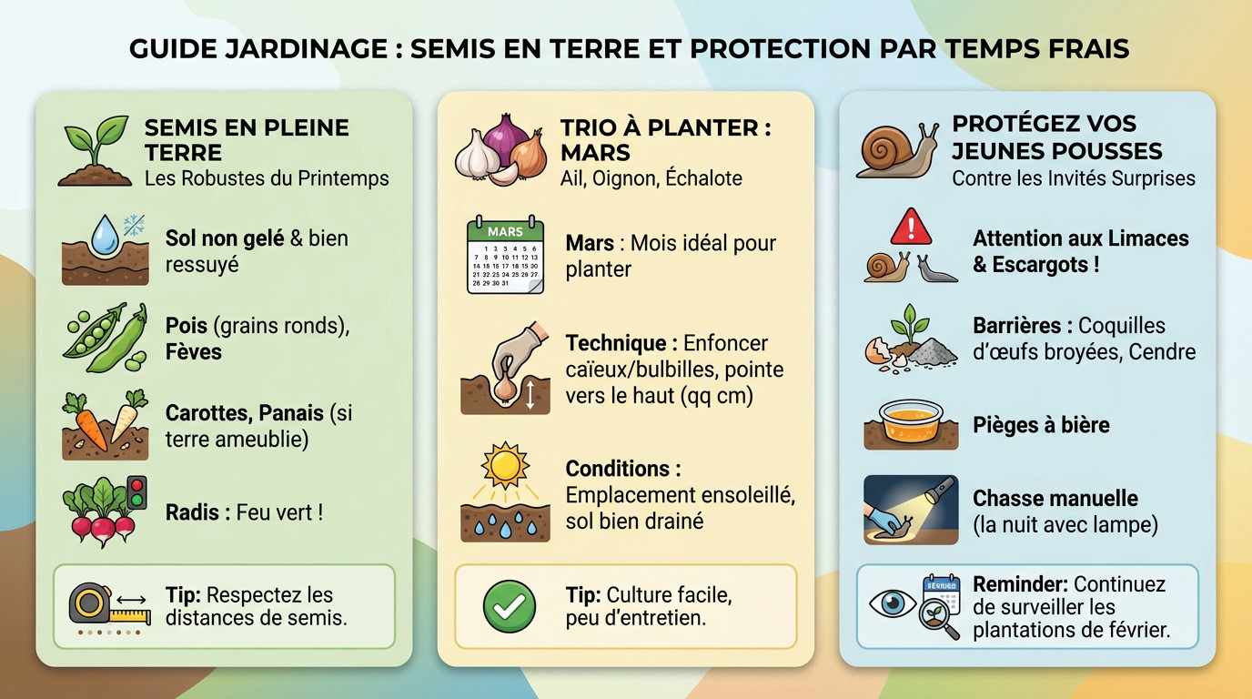 Jardinier effectuant des semis en pleine terre et protégeant les jeunes pousses au printemps