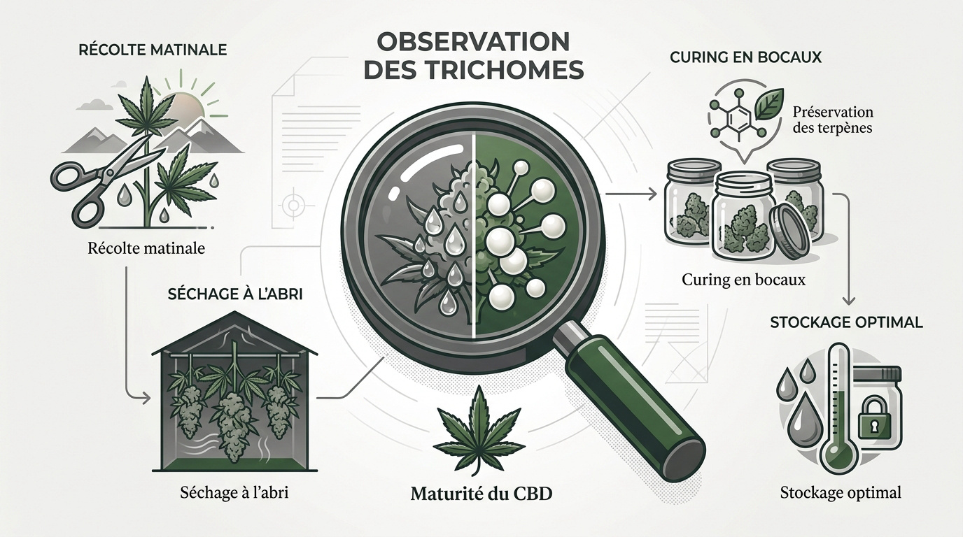 Examen des trichomes sur une fleur de CBD pour déterminer la maturité