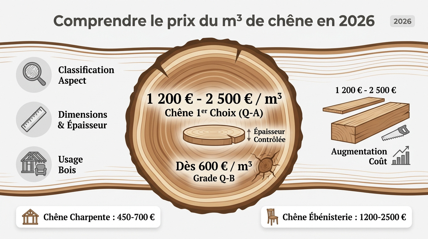 Graphique des tarifs du chêne par grade et épaisseur en 2026