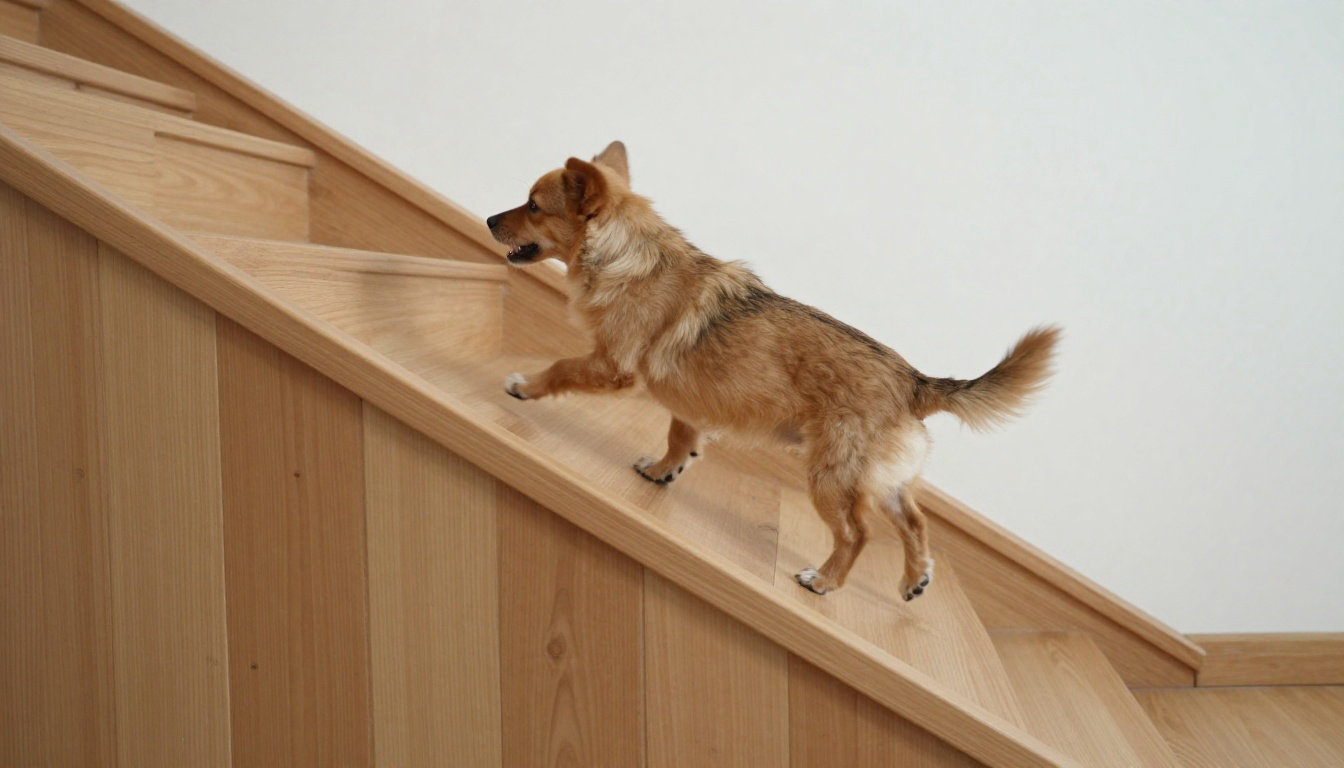 Chien sur des escaliers en bois à l'intérieur