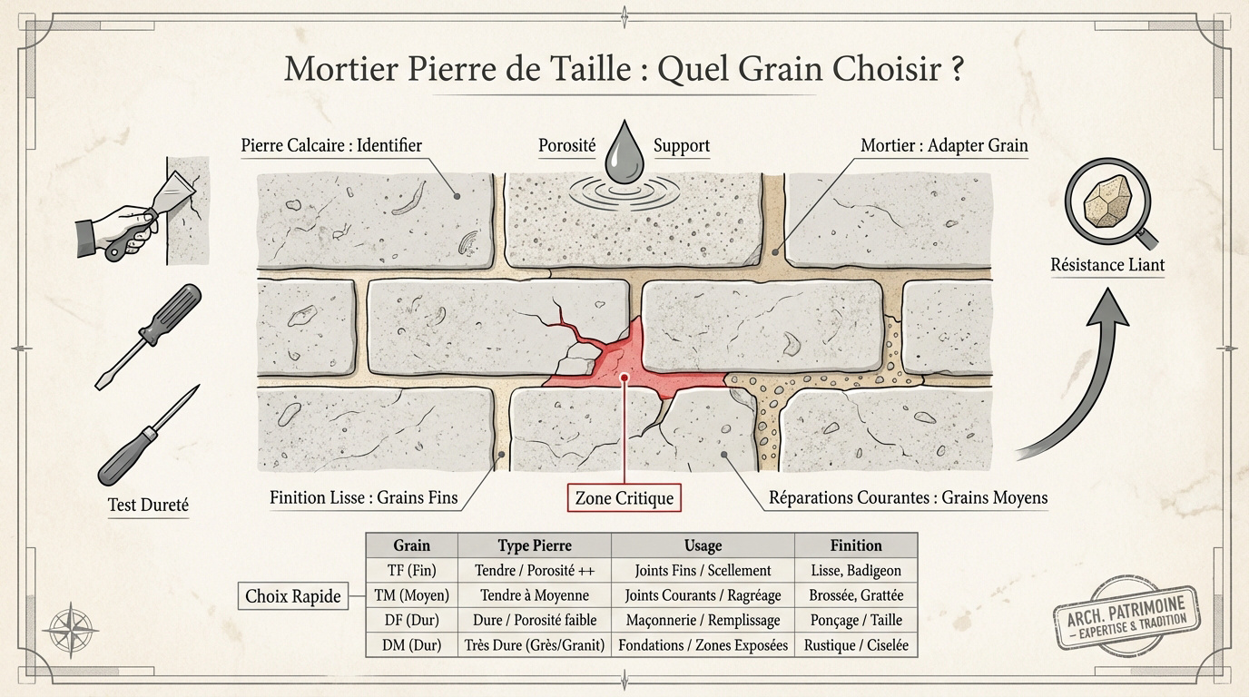Application de mortier de réparation sur une pierre de taille calcaire