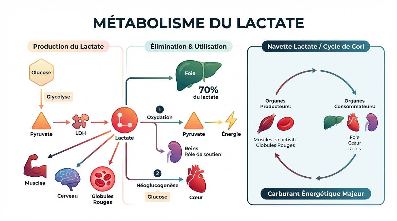 Schéma illustrant le métabolisme du lactate et le cycle de Cori dans l'organisme