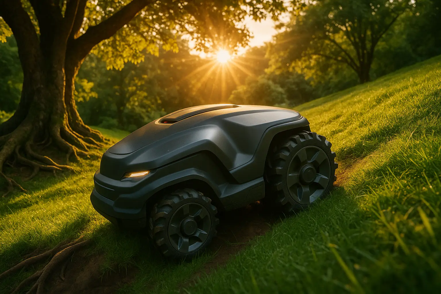 Robot tondeuse gravissant une pente raide