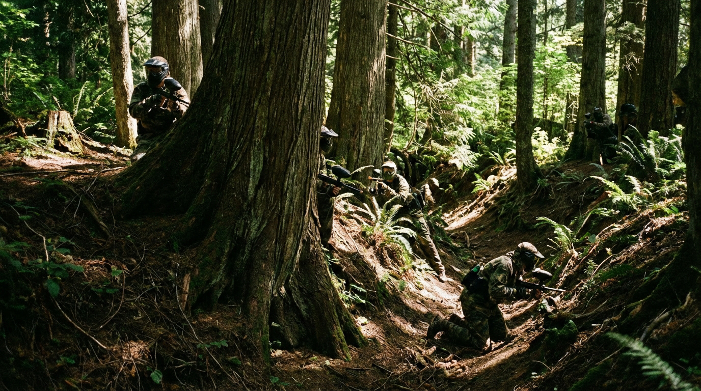 Joueurs de paintball utilisant le relief forestier et les arbres comme couverture tactique