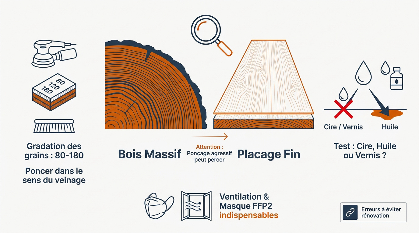 Technicien examinant la surface d'un meuble en bois avant ponçage