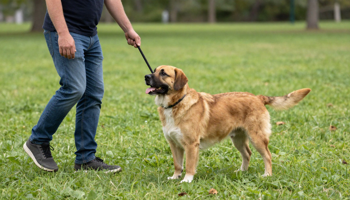 Homme entraînant son chien en laisse en extérieur