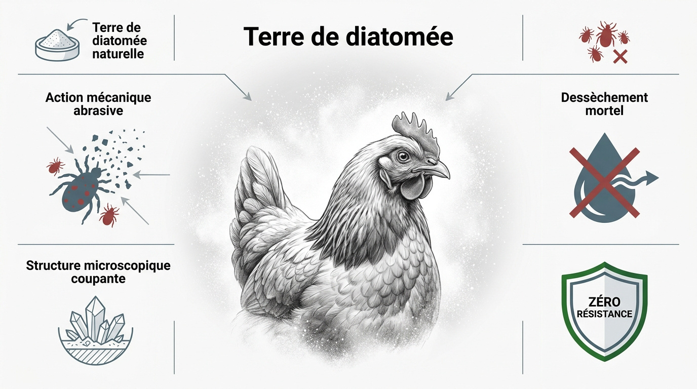 Terre de diatomée blanche saupoudrée dans un poulailler pour protéger les poules