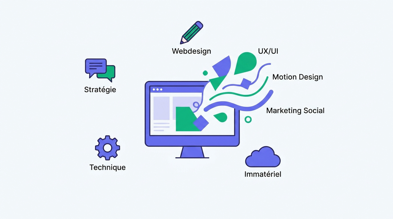 Représentation de la création digitale incluant le webdesign et l'UX/UI