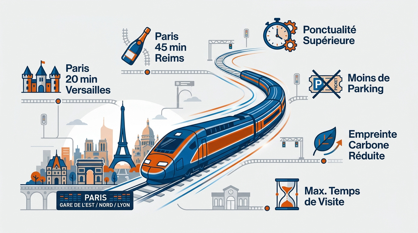 Voyageurs montant dans un train régional pour une excursion au départ de Paris