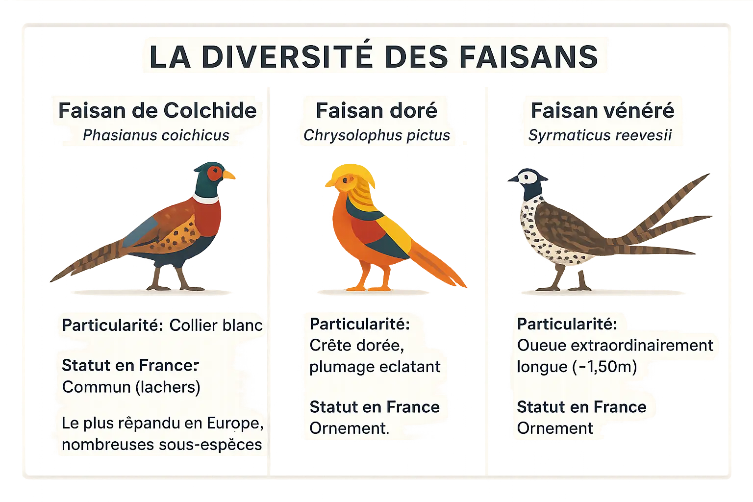 Illustration de <strong>diverses espèces de faisans</strong>