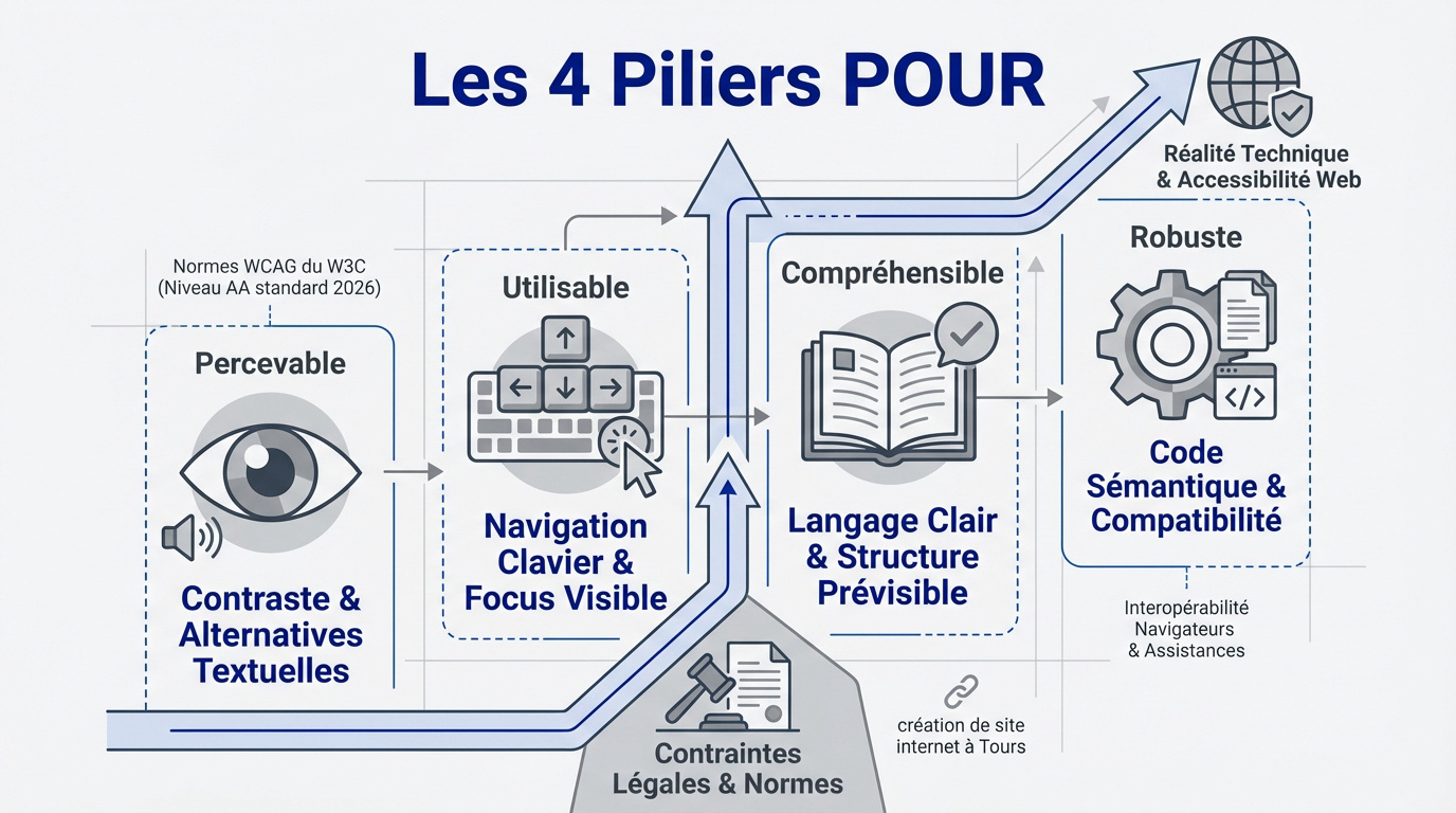 Schéma explicatif des 4 piliers de l'accessibilité web : Percevable, Utilisable, Compréhensible et Robuste