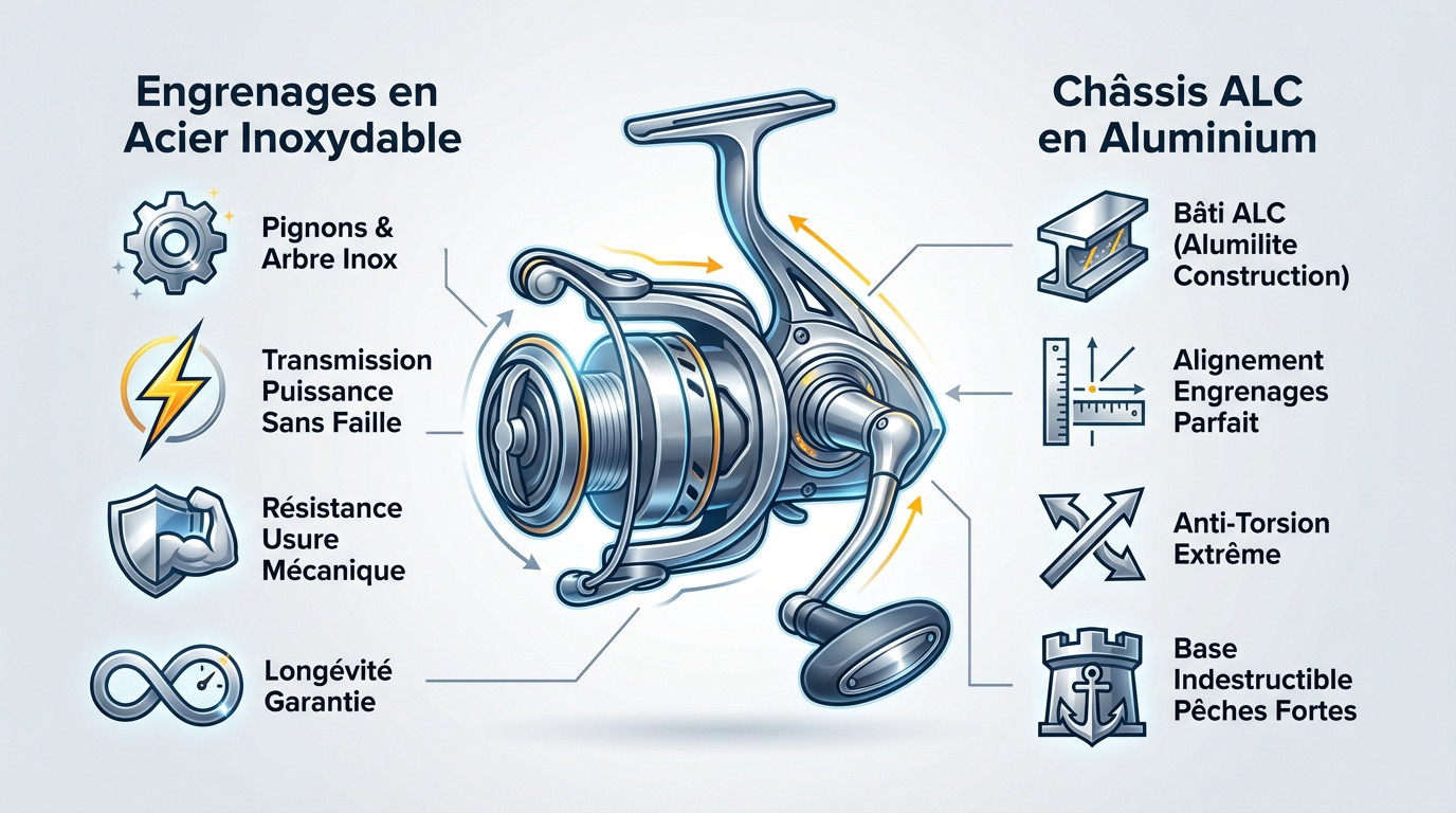 Détail de la construction robuste en acier et aluminium du moulinet Okuma Komodo