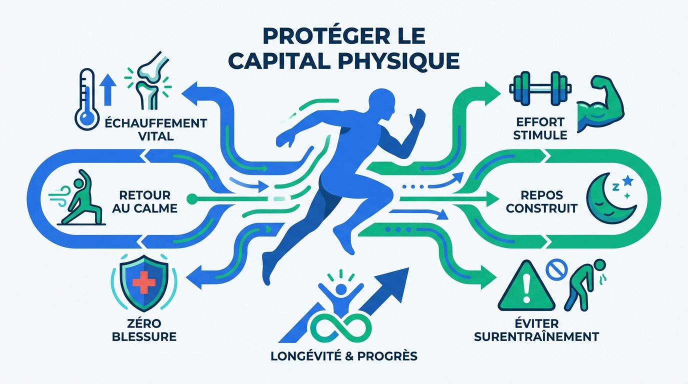 Athlète débutant pratiquant une routine structurée pour éviter les blessures