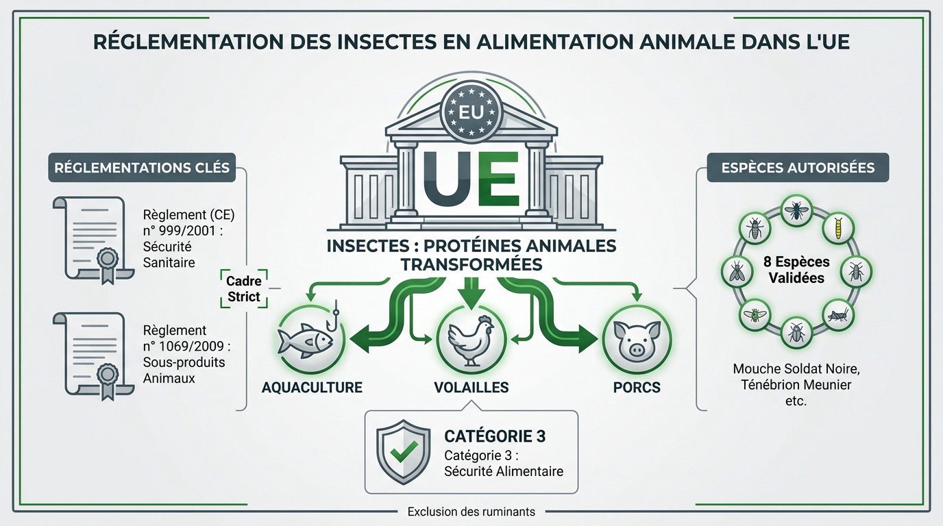 Réglementation européenne sur les insectes en alimentation animale et espèces autorisées