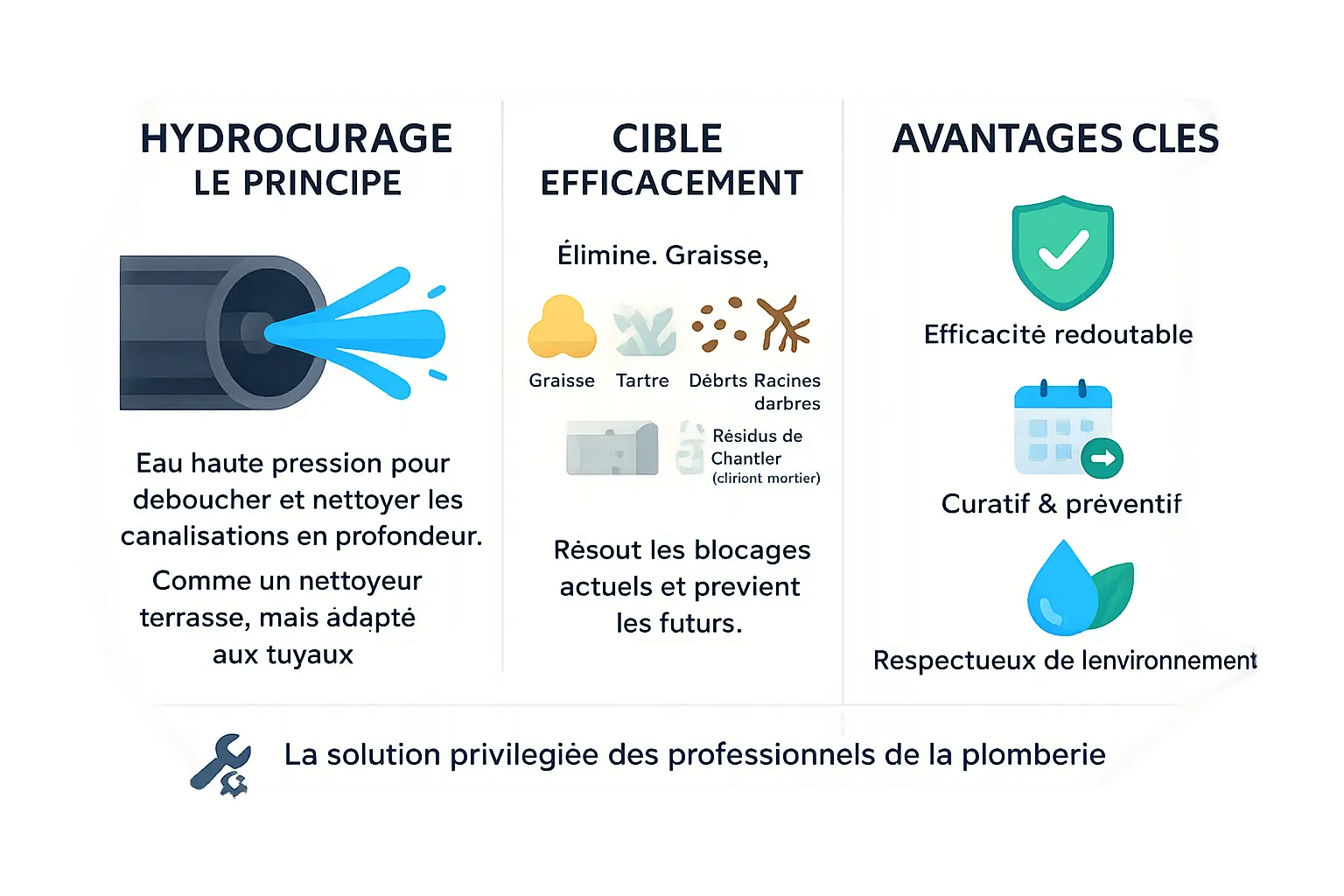 Principe de l'hydrocurage : <strong>nettoyage des canalisations par jet haute pression</strong>« ></p>
<p>Vous avez déjà nettoyé une terrasse avec un nettoyeur haute pression ? L’hydrocurage, c’est <strong>l’équivalent pour vos canalisations, mais en bien plus puissant</strong> !</p>
<p>Imaginez un jet d’eau entre 150 et 400 bars envoyé dans vos tuyaux. Ce n’est pas juste pour forer un trou dans un bouchon : il <strong>détruit tout sur son passage</strong> !</p>
<p>Qu’est-ce que ça élimine ?  </p>
<ul>
<li><strong>Dépôts de graisse incrustés</strong></li>
<li>Tartre tenace</li>
<li>Racines d’arbres infiltrées</li>
<li>Résidus de chantier (ciment, mortier)</li>
<li>Amas de débris variés</li>
</ul>
<p>Pourquoi c’est une <strong>solution redoutable</strong> ?  </p>
<ul>
<li>Nettoyage complet : il ne perce pas, il nettoie les parois en entier</li>
<li>Double usage : efficace pour déboucher, mais aussi pour prévenir les futurs problèmes</li>
<li>Écologique : pas de produits chimiques, juste de l’eau sous pression</li>
</ul>
<p>Contrairement aux méthodes classiques, cette technique <strong>préserve vos canalisations anciennes</strong>. Pas de risque de rayer les parois comme avec les outils mécaniques.</p>
<p>À qui faire appel ?  <strong>Les plombiers professionnels sont les seuls équipés pour cette intervention</strong>. Leur camion hydrocureur contient à la fois la pompe à haute pression et un système d’aspiration pour évacuer les débris.</p>
<p>Une chose est sûre : quand vos toilettes refusent de s’écouler ou que vos canalisations sentent mauvais, <strong>l’hydrocurage s’impose comme la solution la plus radicale</strong>.</p>
<p><img class=