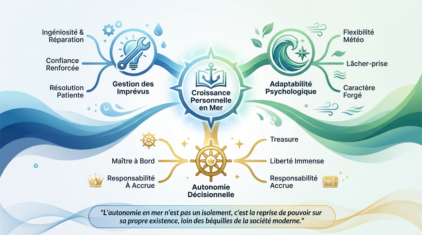 Mind map illustrant les liens entre résilience, autonomie et croissance personnelle lors de la vie en voilier