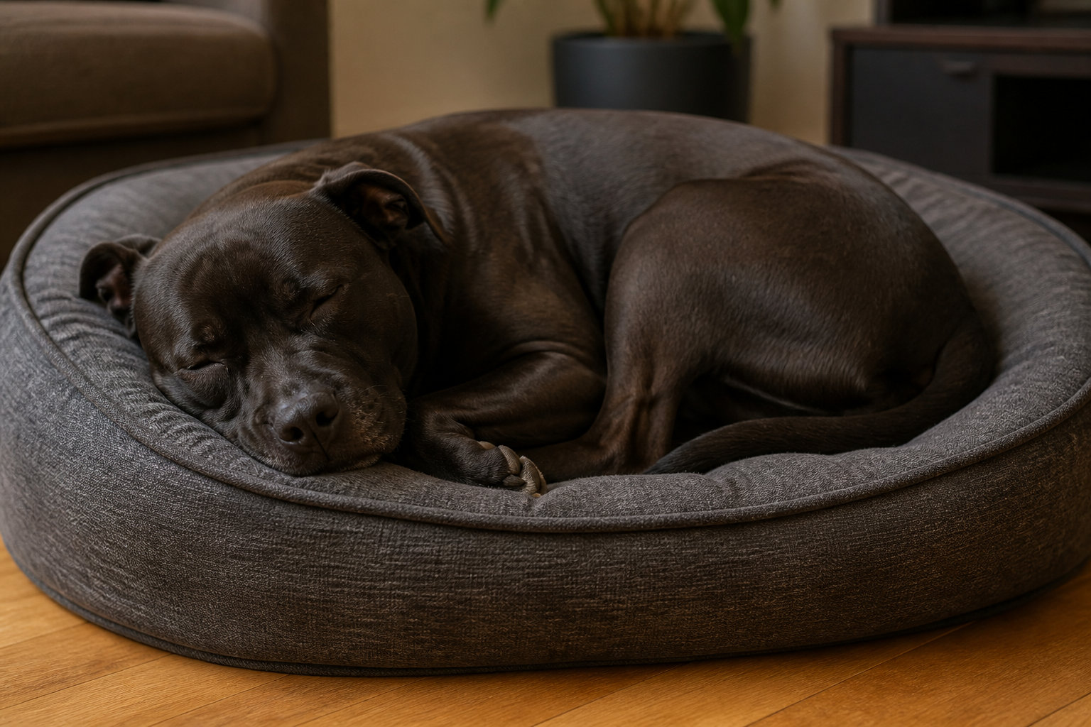 Staffordshire Bull Terrier endormi paisiblement, moment de calme